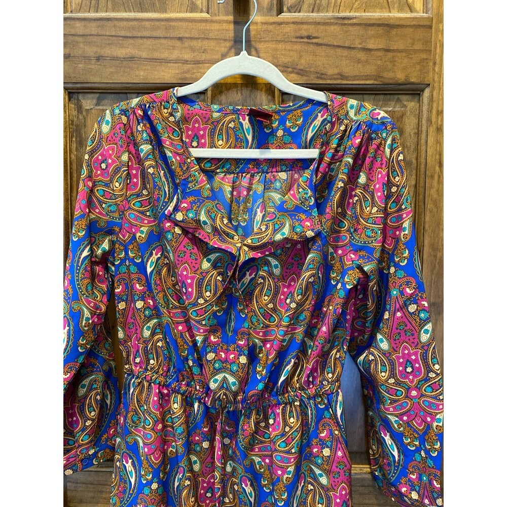 Merona Dress Blue Pink Paisley Medium V Neck Elastic Waist Boho Cottagecore